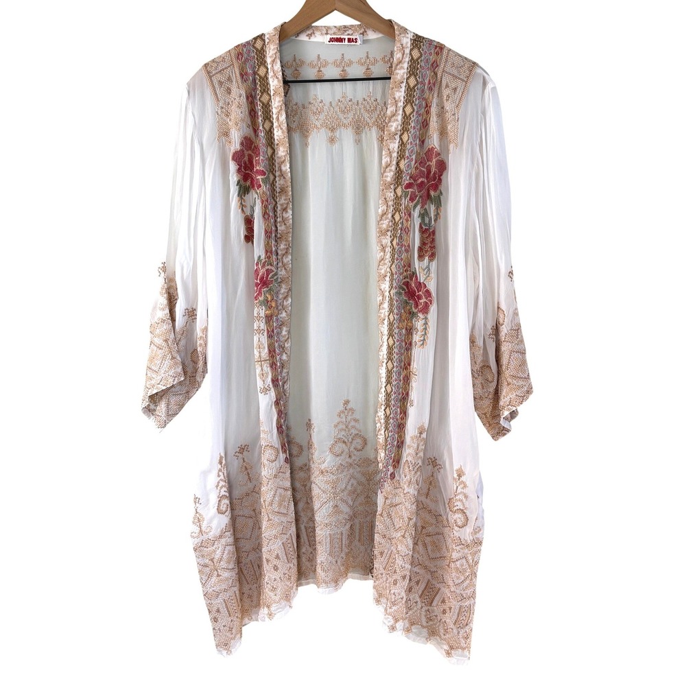 Johnny Was Kimono Off-White Womens Large Embroidered Floral Rayon Wrap